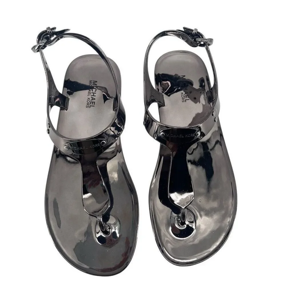 Michael Michael Kors Gunmetal Jelly Thong Sandals Size 6M Logo Plate Detail